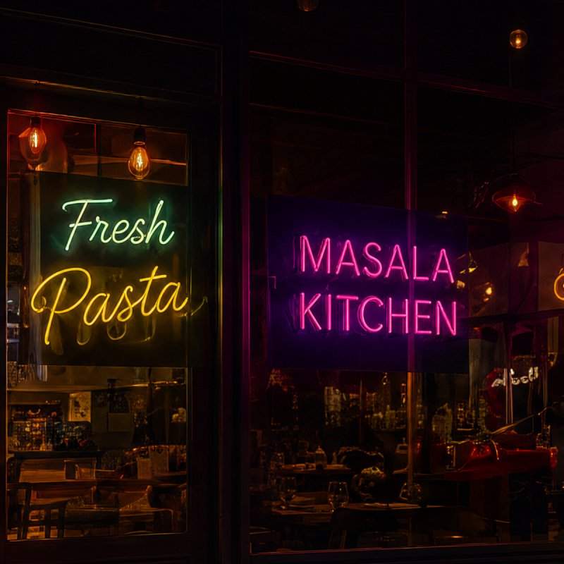 Custom business neon signs displayed in a restaurant storefront.