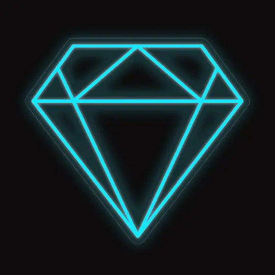 Bright blue neon diamond shape glowing on black background