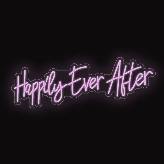 Cursive pink neon sign reading Happily Ever After