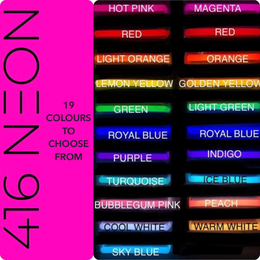 A chart showcasing 21 different colors available for customizing neon signs