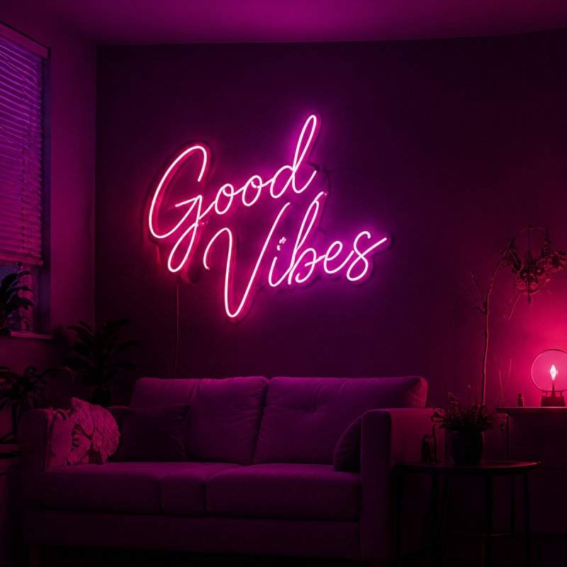 Pink Good Vibes neon sign used as wall décor above a living room sofa.
